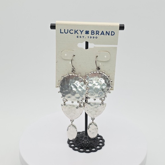 New! LUCKY BRAND Daring Earrings Concentric Disc Silver Tone Dangle Drop 3.25" - Picture 3 of 8